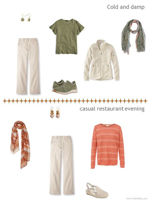 2 ways to style beige pants from a warm weather travel capsule wardrobe