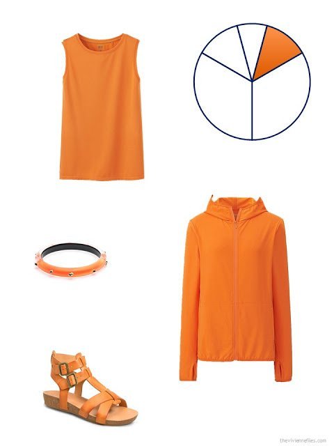 bright orange additions to a beige and navy based travel capsule wardrobe