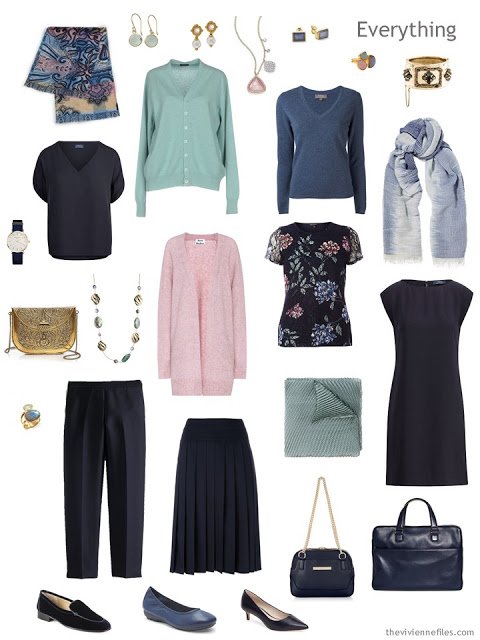 8-piece travel capsule wardrobe in navy, aqua chalcedony and labradorite blue