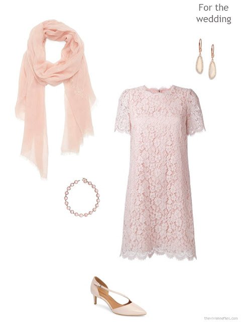 pink lace wedding dress with accessories