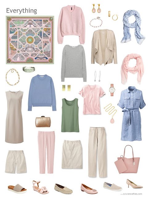 a travel capsule wardrobe in beige, pink, blue and green