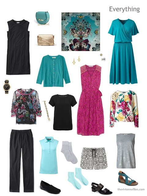 9-piece travel capsule wardrobe in black, silver, teal and hot pink