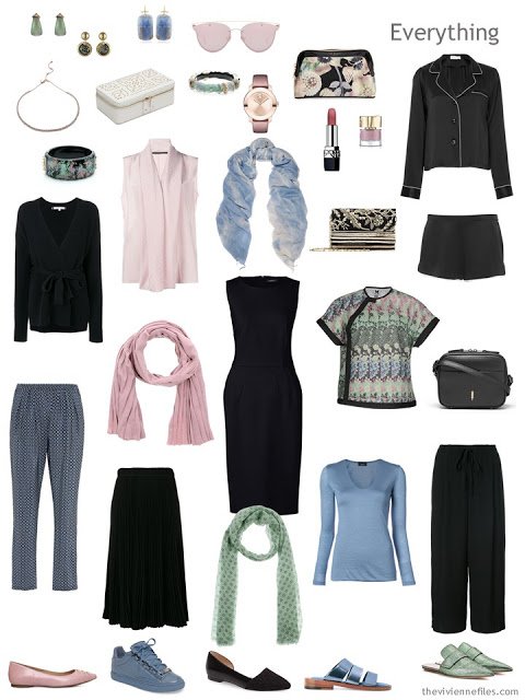 travel capsule wardrobe in black with muted pastels