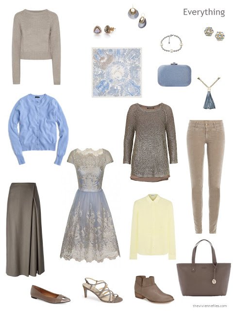 travel capsule wardrobe in taupe with light blue and yellow accents