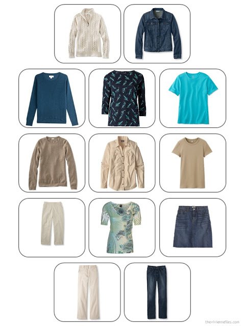 13-piece travel capsule wardrobe in denim, khaki, teal and camel