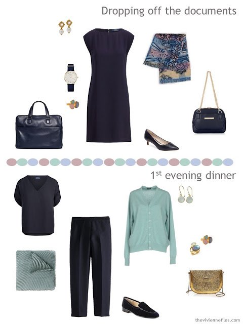 2 outfits from a navy, green, pink and blue business travel capsule wardrobe