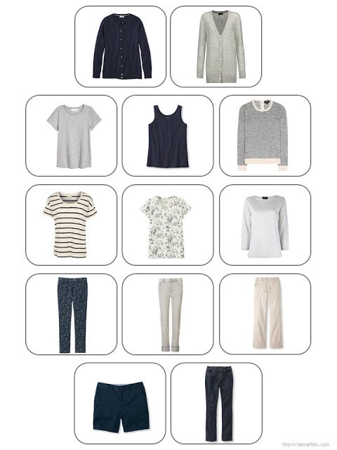 13-piece travel capsule wardrobe in navy, beige and cool grey