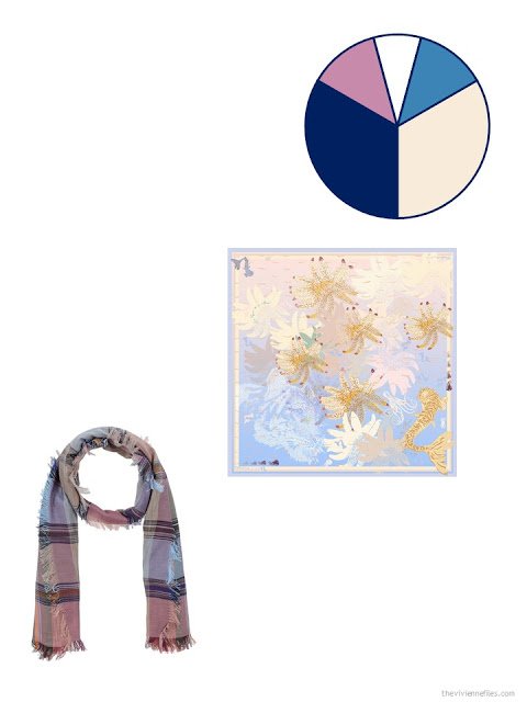 adding 2 scarves to a travel capsule wardrobe in denim, khaki, mauve pink and dark pastel blue