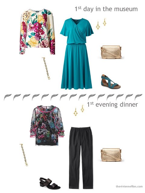 two outfits from a travel capsule wardrobe in teal, hot pink, black and silver