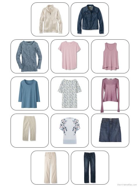 13-Piece Whatever's Clean Travel Wardrobe in denim, khaki, soft mauve pink and dark pastel blue