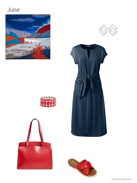 a navy dress with red accessories for summer