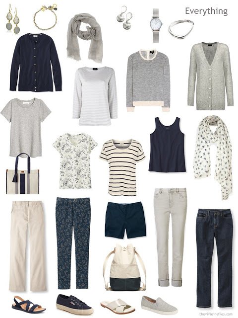 a travel capsule wardrobe in navy, beige and warm grey