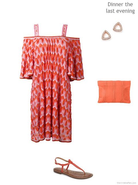 off-the shoulder dress in orange and pink print, with accessories