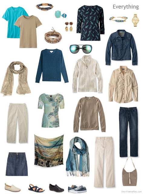 travel capsule wardrobe in denim, khaki, teal and camel