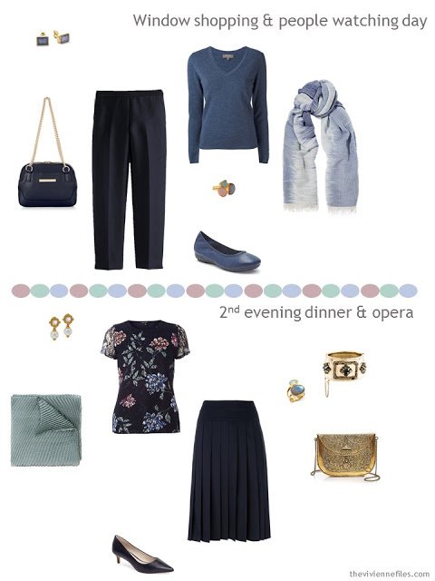 2 outfits from a navy, green, pink and blue business travel capsule wardrobe