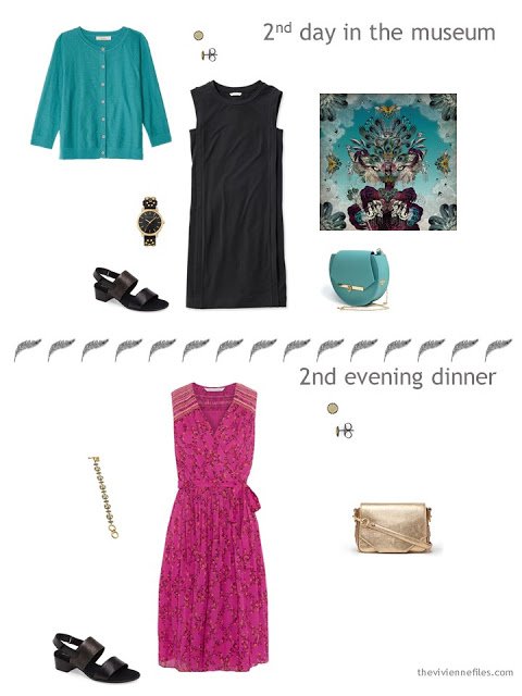 two outfits from a travel capsule wardrobe in teal, hot pink, black and silver