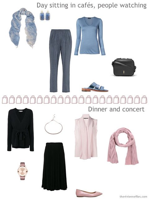 two outfits from a black and muted pastel travel capsule wardrobe