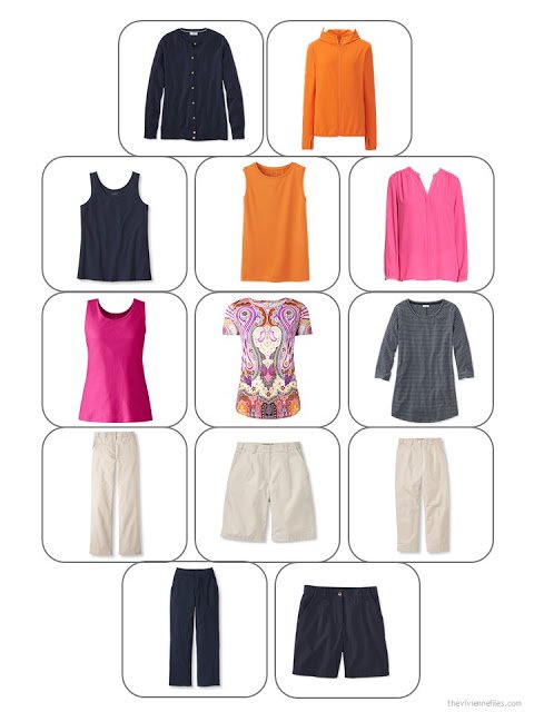 a 13-piece travel capsule wardrobe in navy, beige, hot pink and orange, shown in a wardrobe planning template