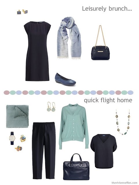 2 outfits from a navy, green, pink and blue business travel capsule wardrobe