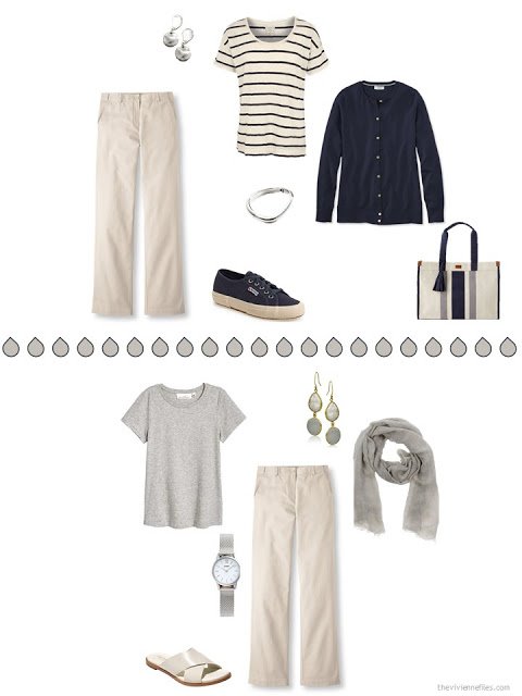 2 ways to wear beige pants with navy or with warm grey