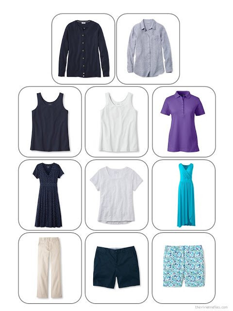 an 11-piece travel capsule wardrobe in navy, beige, white, purple and turquoise, for warm weather