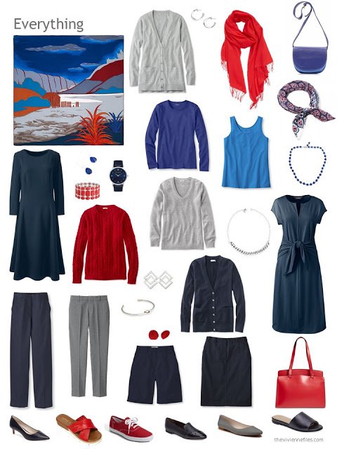 a travel capsule wardrobe in navy, grey, blue and red