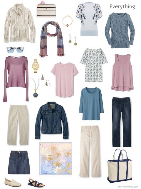 a travel capsule wardrobe in denim, khaki, soft mauve pink and dark pastel blue