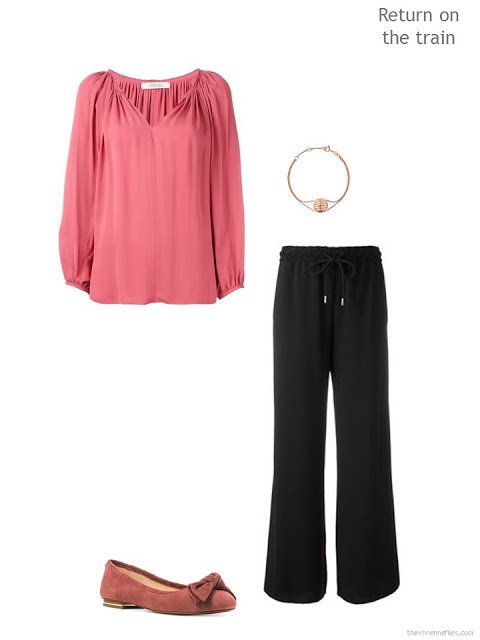 draped soft raspberry blouse with black pants and accessories