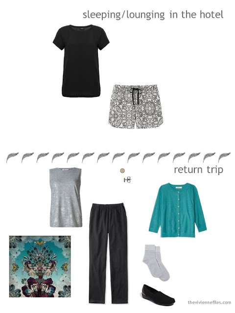 two outfits from a travel capsule wardrobe in teal, hot pink, black and silver