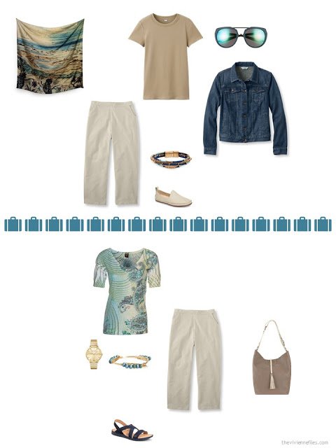 2 ways to style khaki capris from a capsule wardrobe in denim, khaki, teal and camel