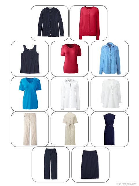 13-piece business warm weather capsule wardrobe in navy, beige, red, white and bright sky blue