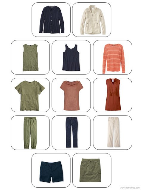 Whatever's Clean 13-piece warm-weather travel capsule wardrobe in navy, beige, olive and rust