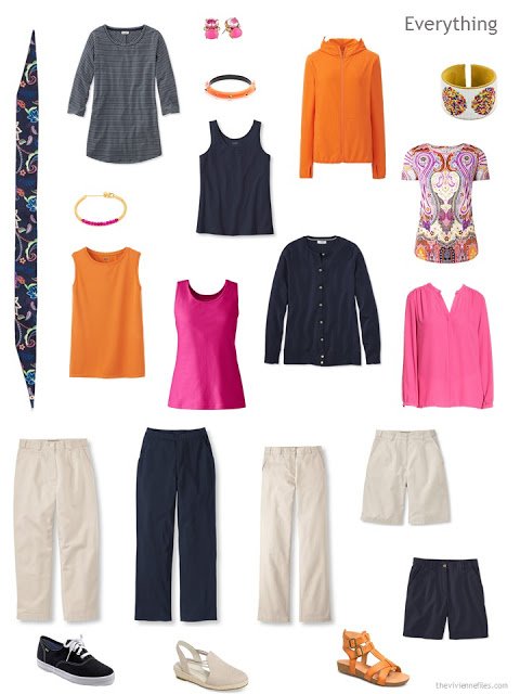 a 13-piece travel capsule wardrobe in navy, beige, hot pink and orange