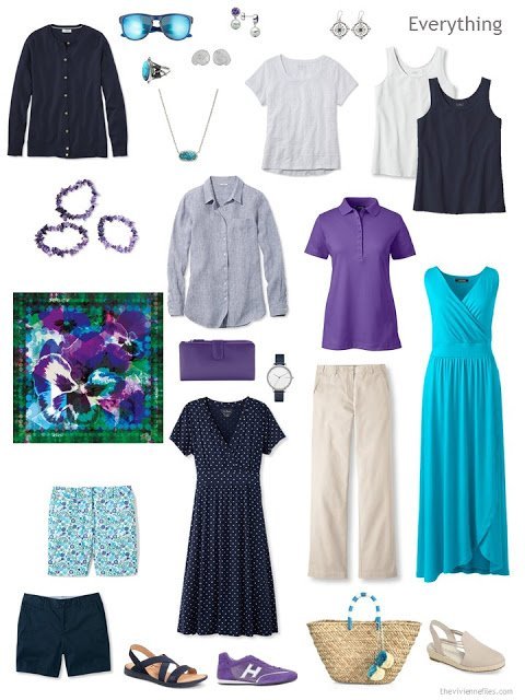 a travel capsule wardrobe in navy, white, beige, purple and turquoise