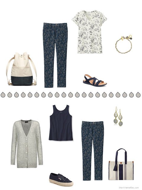 two ways to wear flowered navy pants