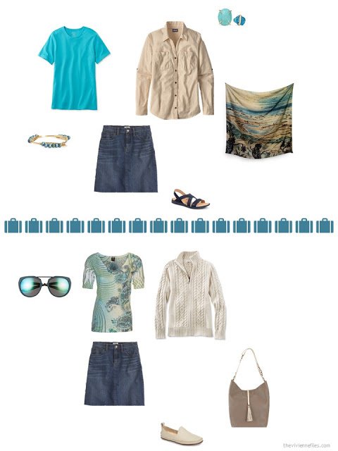 2 ways to style a denim skirt from a capsule wardrobe in denim, khaki, teal and camel