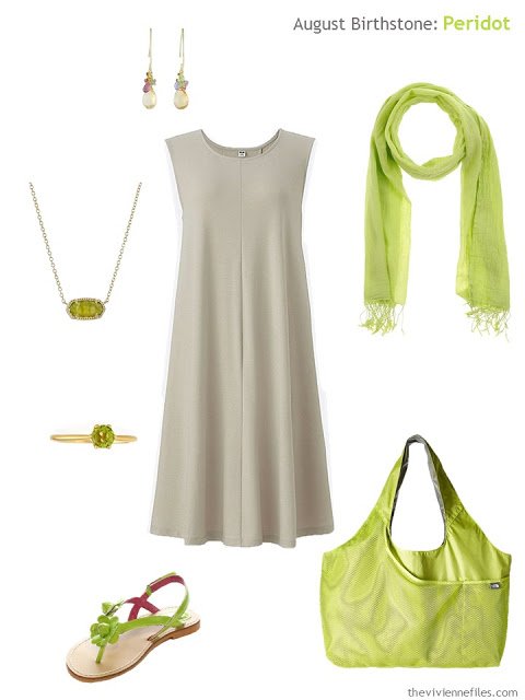 beige dress with peridot accessories
