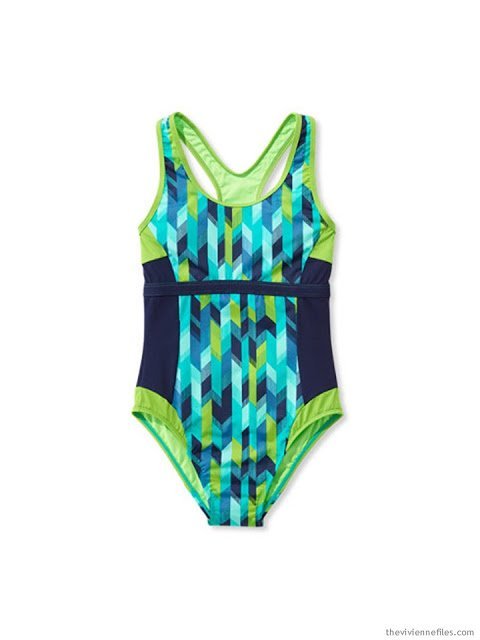 a swimsuit in navy, aqua, azure and lime green