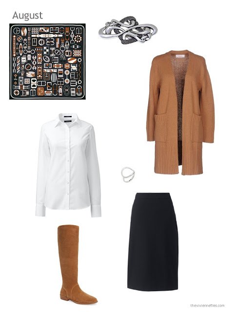 a skirt outfit in camel, black and white with an Hermes scarf