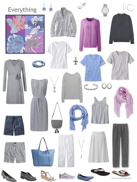 capsule wardrobe in grey and white with accents of blue and orchid pink