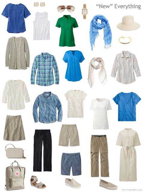 a larger travel capsule wardrobe in blue, green, beige and black