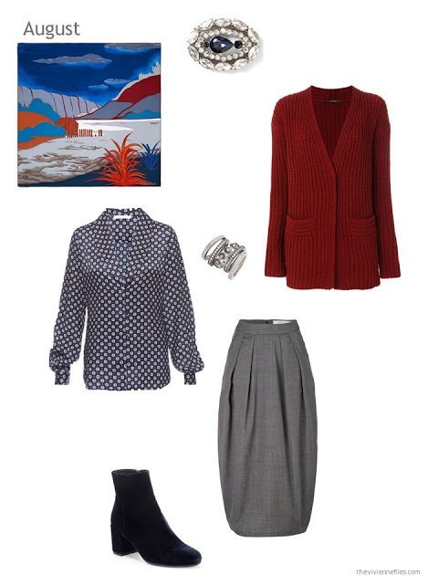 wine cardigan, foulard-print blouse and grey skirt with the Hermes scarf Au Bout du Monde