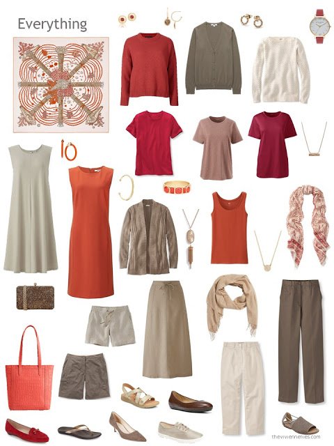 a capsule wardrobe in shades of brown with red and orange accents