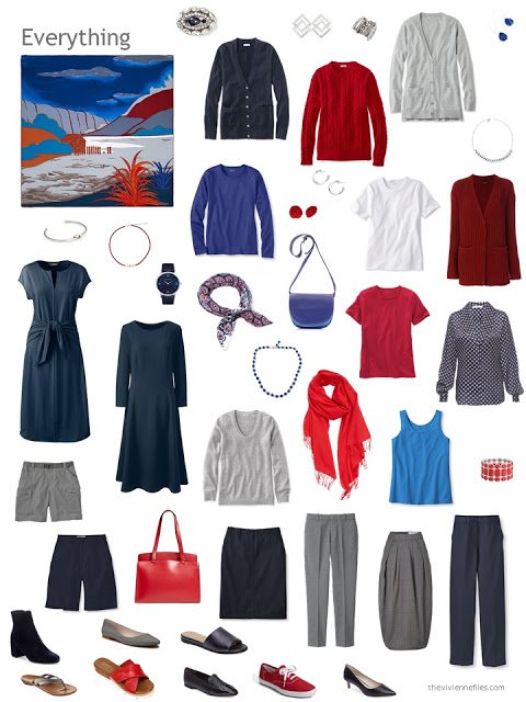 a capsule wardrobe in shades of blue, red, and grey based on the Hermes scarf Au Bout du Monde