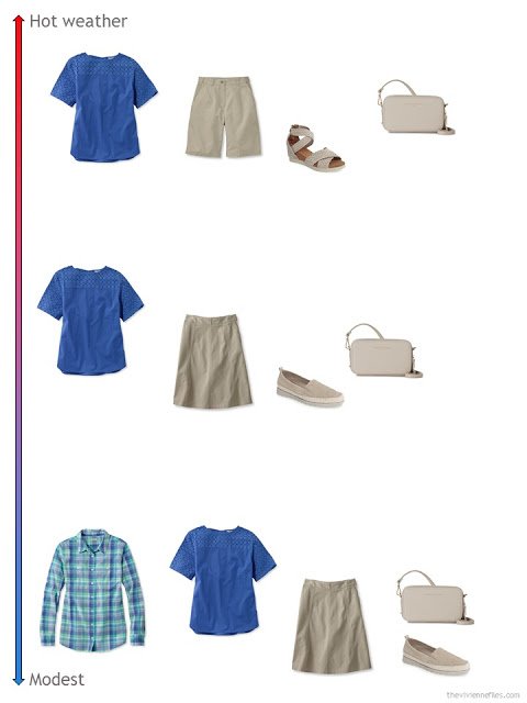 3 ways to style a blue top from a travel capsule wardrobe