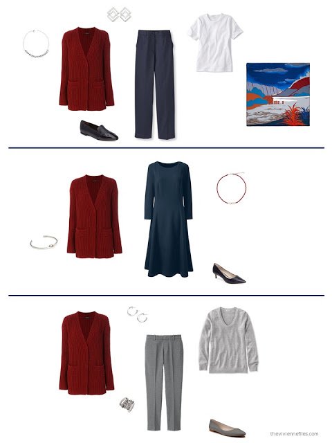 3 ways to style a wine cardigan from a capsule wardrobe