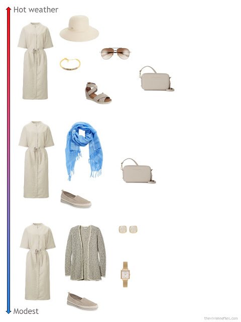 3 ways to style a beige linen dress from a travel capsule wardrobe