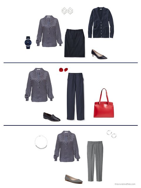 3 ways to style a navy print blouse from a capsule wardrobe