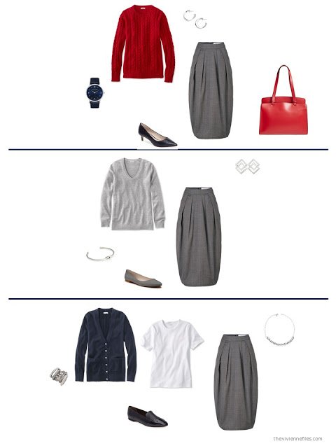 3 ways to style a grey skirt from a capsule wardrobe