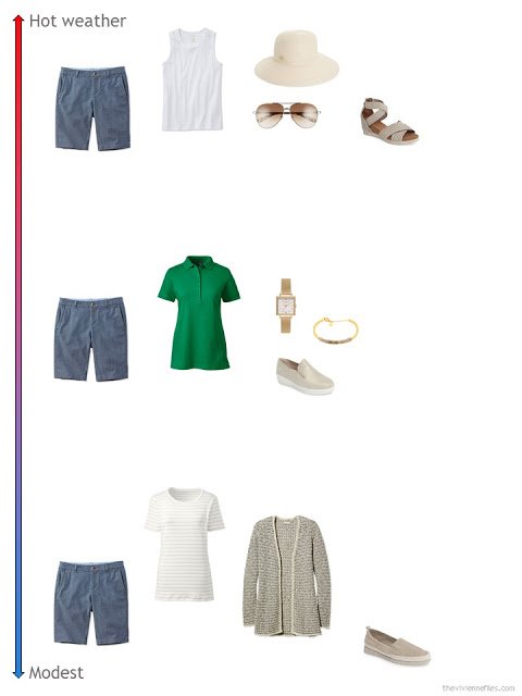 3 ways to style chambray shorts from a travel capsule wardrobe